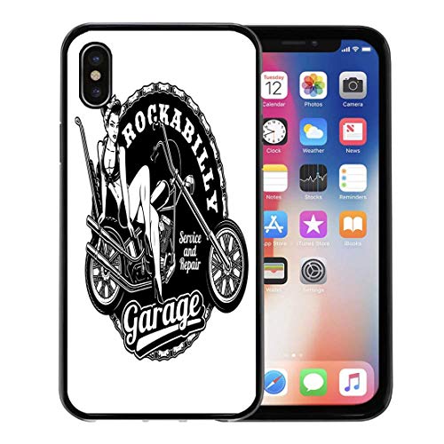 Emvency Phone Case for Apple iPhone Xs case,Biker Pin Up Girl on Motorcycle Monochrome Vintage All Text are Separate Layer Rockabilly for iPhone X Case,Rubber Border Protective Case,Black