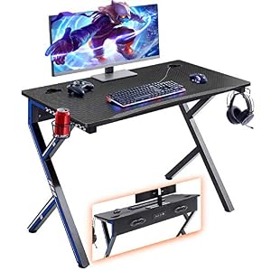 Mr IRONSTONE Gaming Desk 45.2″ W x 23.6″ D Home Office Desk, Gaming Workstation with Power Strip of 3-Outlet & 2 USB Ports, Cup Holder, Headphone Hook, and Cable Management (Blue)