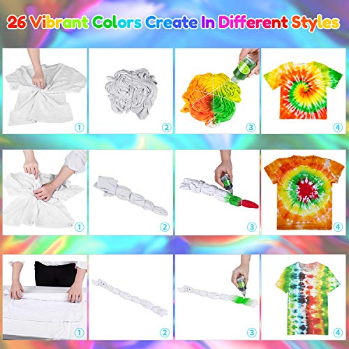AIRCOVER Tie Dye DIY Kit for Kids, Adults and Groups. 26 Colors All-in-1 Tie Dye Set, One-Step Shirt Fabric Dye Kit with Rubber Bands Gloves Table Cover Wooden Clips for Christmas Party Supplies