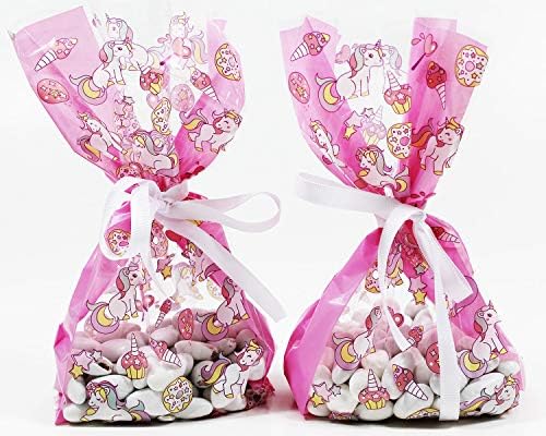 Unicorn Cellophane Treat Party Favor Bags with Grosgrain Ribbon Ties. Pack of 12 Large Goodie Gift Bags for Kids, Boys or Girls Birthday Parties, Baby Shower Celebrations. Pink, White