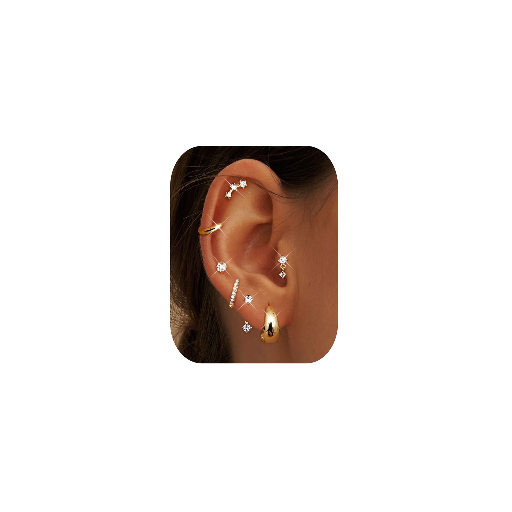Photo 1 of 14K Gold Plated Stud Hoop Earrings for Women - 7 Pairs Hypoallergenic Small Huggie Earring Sets for Multiple Piercing Cute Dainty Cartilage Earring Stacks Jewelry Trendy Gifts G-Chunky