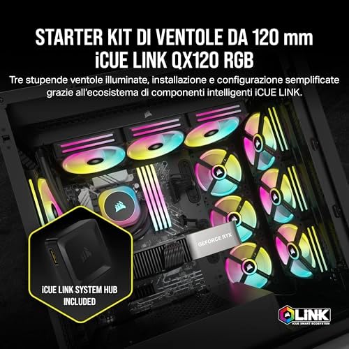 iCUE Link QX120 RGB Cupola Magnetica da 120 mm Ventole - Tripla Ventole Starter Kit con iCUE Link System Hub - Nero