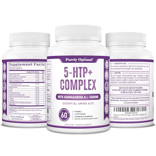 PREMIUM 5-HTP PLUS SUPPLEMENT 250MG MAXIMUM STRENGTH – SLEEP AID, MOOD BOOST, PROMOTES CALM & RELAXATION, STRESS MANAGEMENT SUPPORT – ENHANCED WITH VITAMIN B6, GLUTEN FREE, NON-GMO, 60 VEGGIE CAPS