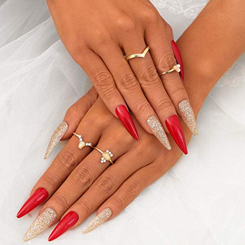 Elabest Glitter Glossy False Nails Long Stiletto Press On Nails Acrylic Artificial Full Cover Fake Nails Party Nail Tips For Women And Girls Pricepulse