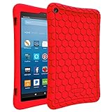 Fintie Silicone Case for All-New Amazon Fire HD 8 Tablet (7th Generation, 2017 Release) - [Honey Comb Upgraded Version] [Kid Friendly] Light Weight [Anti Slip] Shock Proof Protective Cover, Red