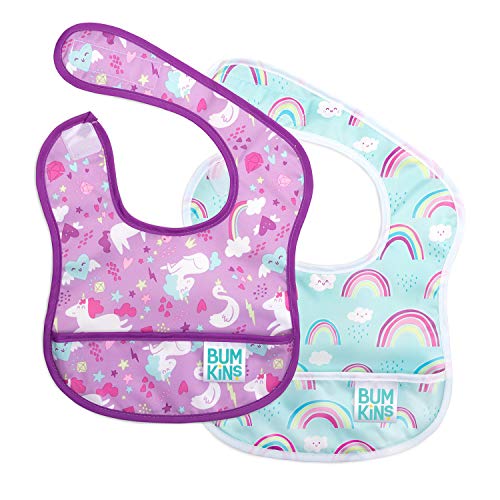 Bumkins Starter Bib, Baby Bib Infant, Waterproof, Washable, Stain and Odor Resistant, 3-9 Months, 2-Pack - Unicorns & Rainbows