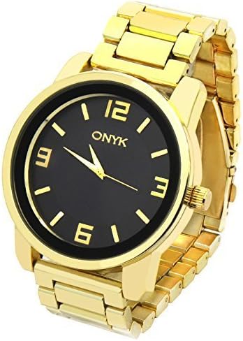 Mens Gold Tone Over Size Metal Band Black Face Fashion Casual Quartz Wrist watch ONK3