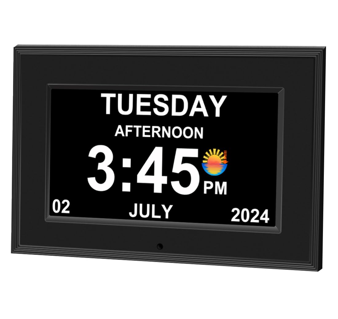 Photo 1 of FEYBYLA Alarm Clock with Day and Date for Elderly 7inch Digital Calendar Clock Photo Frame- Auto Dimmable Display 15 Alarm Options, Clock with Non-Abbreviated Day & Month (7inch / Black)