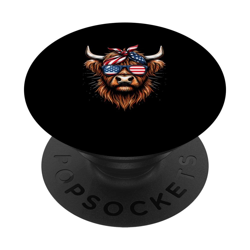 Highland Cow American Flag Patriotic 4th Of July Farmer PopSockets Swappable PopGrip