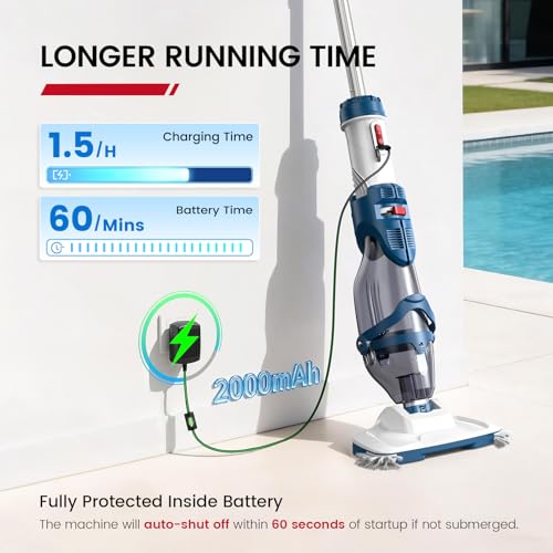 ENHULK Cordless Pool Vacuum, Upgraded Dual Mode, 22 GPM Powerful Suction, 13.4" Wide Head & 98.4" Telescopic Pole, 4 Filter Units, 1H Runtime, Handheld Pool Cleaner for Above/Inground Pools, PC20