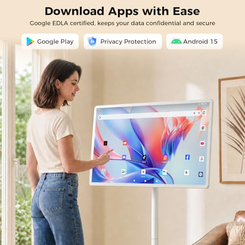 VLH 32" Smart Portable TV on Wheels,1080P Touchscreen Rolling TV Built-in 38,400 Battery, Android 15 OS, 8+128GB, Voice/Airmouse Remote Control, Television on Wheels with Camera