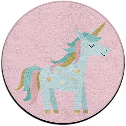 Bahuluo Anti Slip Round Area Rug Modern Memory Foam Mat for Hard Floors Kitchen Bedroom Bedside Chair - Teal Unicorn, Pink