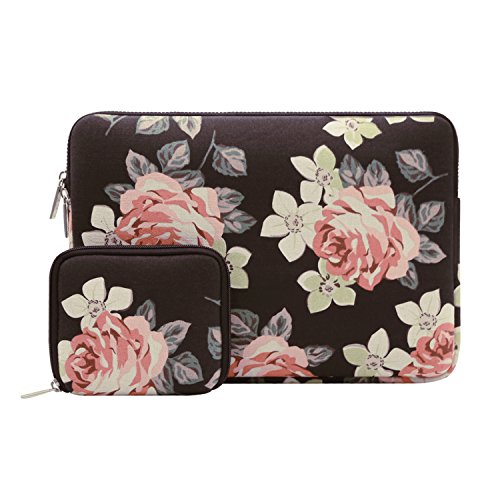 Mosiso Canvas Fabric Rose Pattern Laptop Sleeve Bag Cover for 13-13.3 Inch MacBook Pro, MacBook Air, Surface Book, Notebook Computer with Small Case, Black