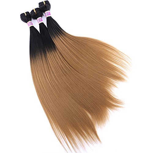 Silky Straight Synthetic Hair Weave 3 Bundles Two Tone Ombre Color T1/27 Heat Resistant Fiber Hair Extensions (16