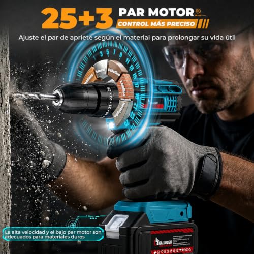 Taladro Inalámbrico y Pistola de Impacto, Kit Profesional de Herramientas Eléctricas 2 en 1, 750 N.M, Ajuste de Par de 25+3, Motor Sin Escobillas, para ReparacióN de AutomóViles y Muebles, Perforación