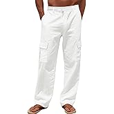 TAFLE Men's Linen Pants Casual Cargo Pants Elastic Drawstring Waist Straight-Legs Summer Yoga Beach Long Pants with Pockets