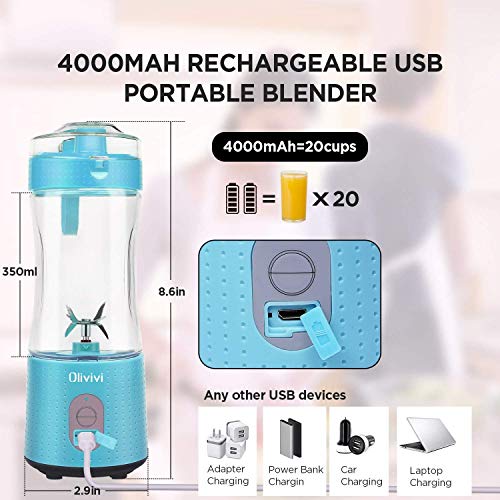 Portable Blender, Olivivi Personal Blender Bottle Mini Smoothie Blender 6 Powerful Blades, 4000mAh Rechargeable USB Juicer Cup Bottle with Strainer Cleaning Brush for Travel BPA Free Blue