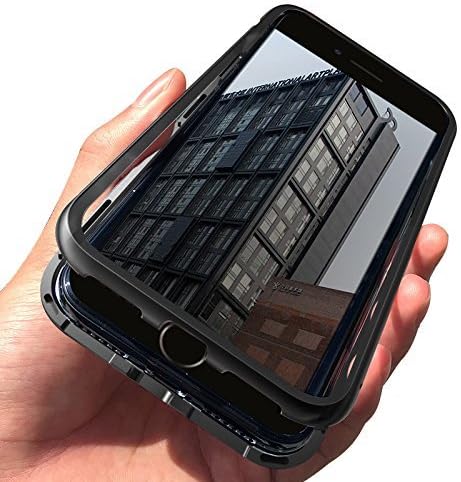 iPhone 8 Case,iPhone 7 Case,Luxury Magnetic Metal Frame Tempered Glass Back Cover Case [Support Wireless Charging] (Black Back+Black Frame)