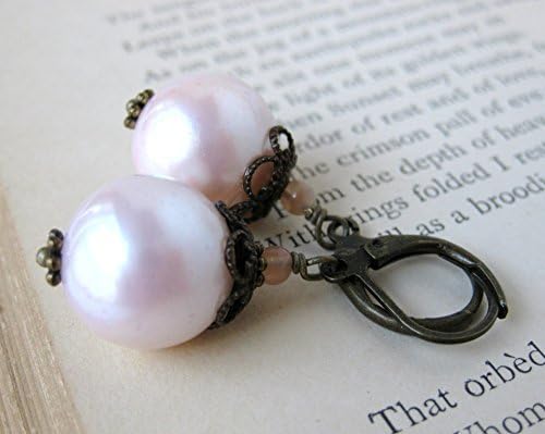 Blush Pink Pearl Earrings Vintage Glass Pearls Moonstone Antiqued Brass Filigree. Whisper