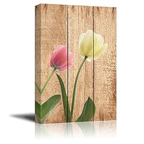 Pink and White Tulips Over Wood Panels - Nature - Canvas Art Home Art - 12x18 inches