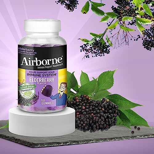 AIRBORNE ELDERBERRY + ZINC & VITAMIN C GUMMIES FOR ADULTS, IMMUNE SUPPORT VITAMIN D & ZINC GUMMIES WITH POWERFUL ANTIOXIDANT VITAMINS C D & E – 50 GUMMIES, ELDERBERRY FLAVOR