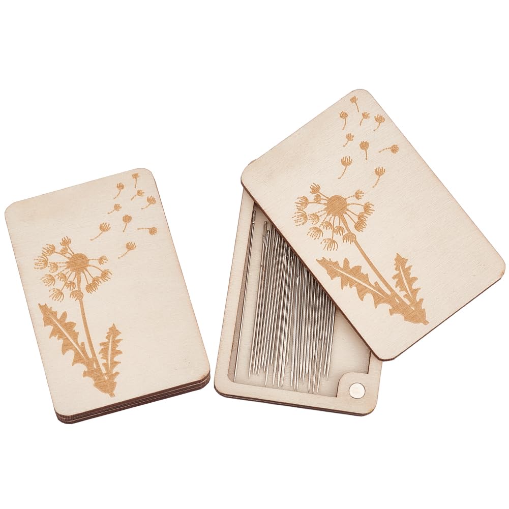 AHANDMAKER 2 pcs Wooden Needle Box Sewing Needle Storage Box Sewing Pins Organizer with Dandelion Print for Quilters, Sewers, Tailors, White,3.15"x1.97"x0.14"