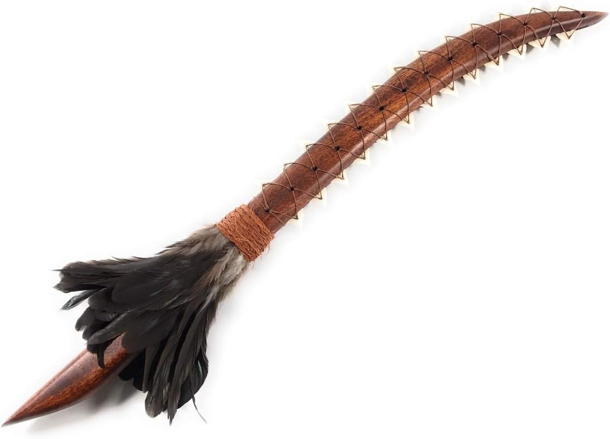 Tikimaster Hawaiian Koa Sword 25" Black Feathers w/ 26 Shark Teeth - | #koa4157bl