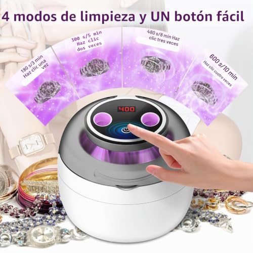 Ultrasonic Dental Cleaner | 45 kHz with 4 Programs and Digital Timer Display | 360° Silent Cleaning for Makeup Brushes, Glasses, Watches and Dentures