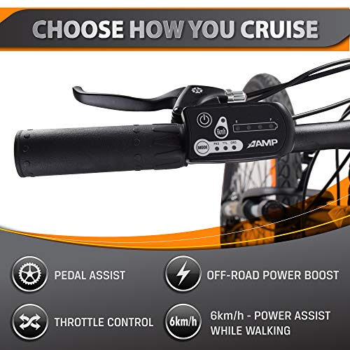 AMP Electric Bicycle eBike for Adults - 350W Electric Assist with Zero Wear Brushless Motor, One Size Fits All Bike Frame - Pedal-Assist, Throttle Control, Off-Road Ability - Battery Within Frame