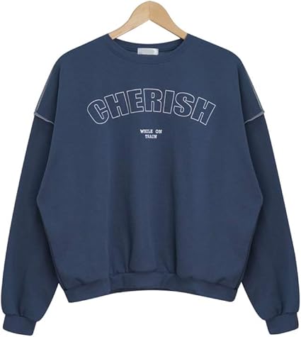 Amazon レディース レタリング オーバーロック 起毛プルーオーバー クルーネック スウェットトレーナー 韓国ファッション ネイビー トレーナー パーカー 通販