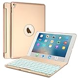 Keyboard Case for iPad Air 2/iPad Pro 9.7, Boriyuan Aluminum 7 Color Backlit Wireless Bluetooth Keyboard Folio Smart Cover with Auto Sleep/Wake for iPad Air 2 & Apple iPad Pro 9.7 - Gold