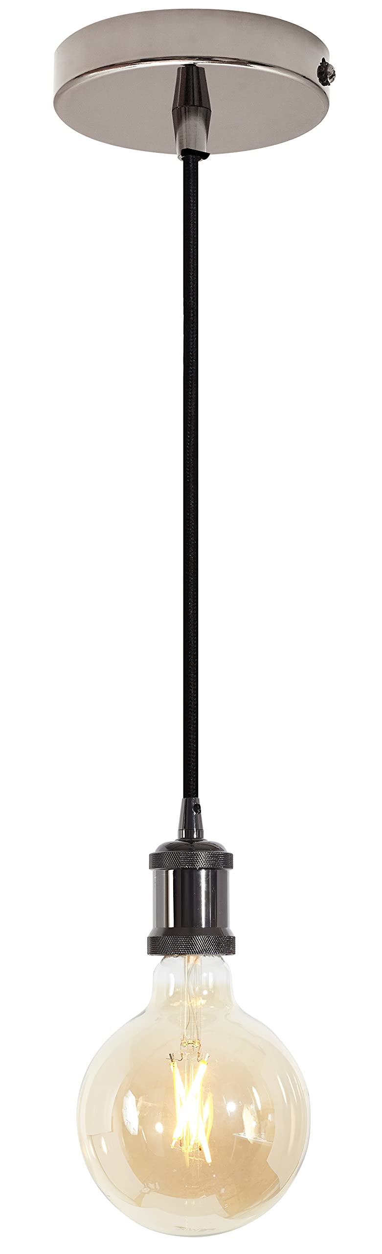 4lite Indoor Vintage Ceiling Light (Blackened Silver) Single Decorated Pendant Light with 1.5m Adjustable Cable & 640lm E27 G125 LED Smart Amber Coated Filament Bulb- 4L1/7004-4Yr Guarantee