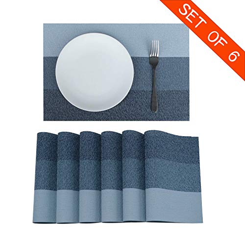 Familighter Placemats for Dining Table Set of 6 Woven Vinyl Washable Table Placemats Table Decoration Heat Insulation Stain Resistant Blue-Strip
