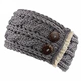 Hunputa Womens Crochet Winter Warm Buttons Knitted Braided Knit Wool Ear Warmer Hat Cap Headband Hair Band (Gray)