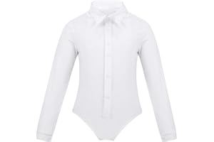 FEESHOW Kids Boys One-Piece Latin Jazz Dance Leotard Lapel Long Sleeves Button Down Shirt Romper Jumpsuit