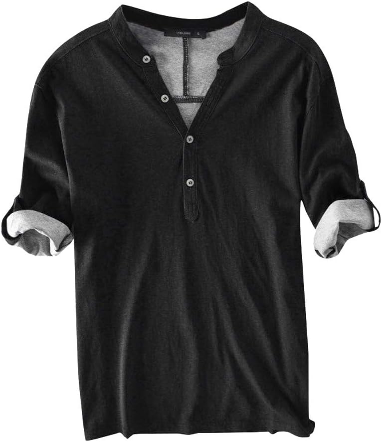 Mens Casual Cotton Breathable Solid Half Sleeve Summer Buttons T Shirt Blouse