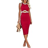 oten Womens Sexy Crew Neck Sleeveless Cut Out Ribbed Bodycon Slim Fit Cocktail Party Club Midi Dresses