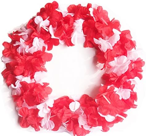 LITTLE FEATHER 6 pcs RED&amp;WHITE Mega flower Leis Hawaiian Luau Flower Necklace Party Favors