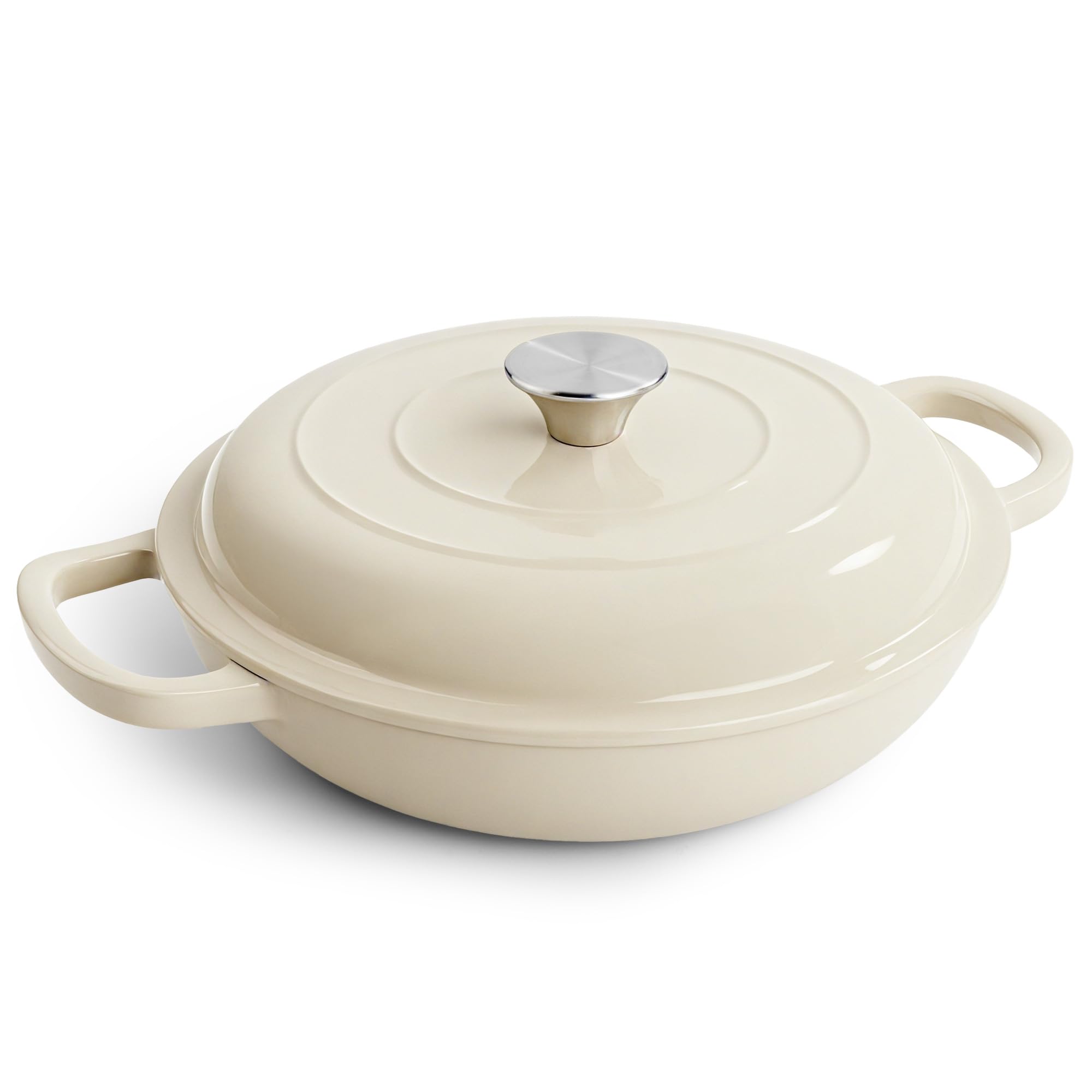 Photo 1 of 3 Quart Enameled Cast Iron Braiser, Non Stick Enameled Cast Iron Skillet with Lid, Dutch Oven Skillet with lid up to 500°F for Oven, Stove, Grill, Shallow Dutch Oven for Cook, Bake (Beige)