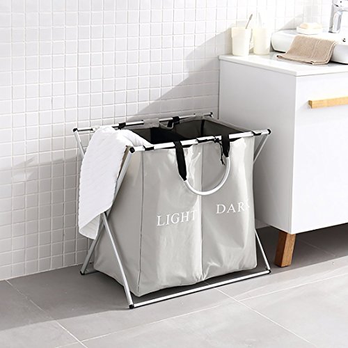 Double Light and Dark Laundry Hamper with Aluminum Frame, 2 Sections Laundry basket, 600D Oxford, 23.2"x 15"x 22.4" Inches (light gray-2)
