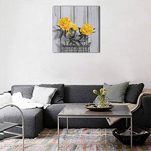 Yellow Flowers Wall Art for Living Room Decoration Three Peonies Blossoming in Glass Bottle Canvas Painting Black White Wooden Floral Prints Framed Beige Decor Picture 12×12 Inches Home Mural Artwork