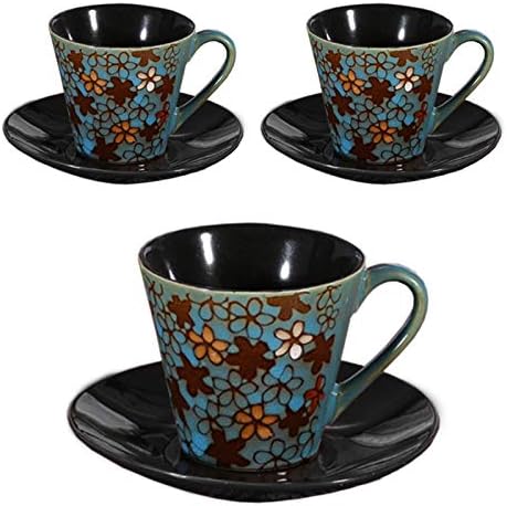 3pcs Ceramic Espresso Cup & Saucer Set Cups & Saucers Tableware Accessory Embossed Floral Pattern New Gift (Set of 3 Blue)