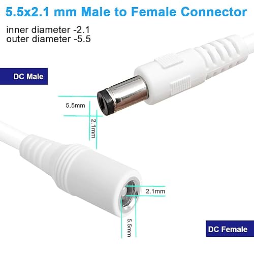 2 Pack 10ft DC Power Extension Cable For CCTV LED Car 12V 2.1mm White
