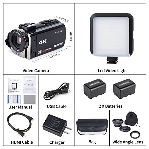 4K Camcorder Digital Video Camera Recorder Vlogging Camera NESENNI HD 48.0MP 3.0 inch Touch Screen IR Night Vision 16X Digital Zoom Camera with 2 Batteries,Led Video Light and Wide Angle Lens(614KWL)