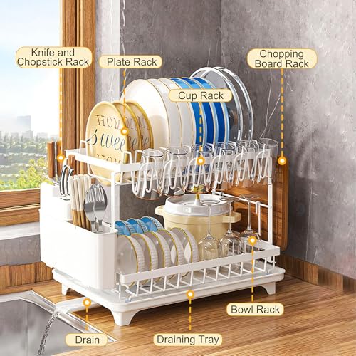 ZERIFAM Dish Drying Rack - 2 Tier Dish Drying Stand, Kitchen Countertop Storage Racks, With Chopstick Bucket, Cutting Board Rack, Knife Rack And Cup Holder. (White)