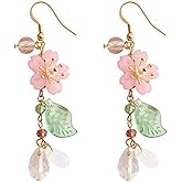 COLORFUL BLING Classic Pink Flower Dangle Drop Earrings Elegant Floral Green Leaf Earrings for Women