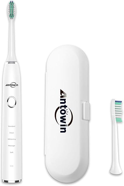 Amazon 電動歯ブラシ Antowin 5モード Ipx8防水ボディ 替え歯ブラシ 2本付属 持ち運び 旅用 2分オートタイマー 歯磨き 小型ケース付属 H9 ホワイト Antowin 電動歯ブラシ