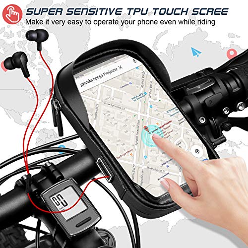 Porte téléphone vélo etanche, Support telephone scooter Sacoche guidon de cadre selle VTT Moto avec étui tactile transparent en TPU, Rotatif à 360 °, Trou d\'écouteur pour smartphone de 5,5 à 7,0 pouce
