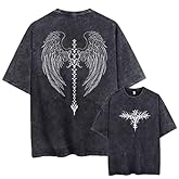 Men's Y2K Acid Wash Gothic Graphic T-Shirts Skull Print Vintage Oversized Washed Tees Grunge Clothes