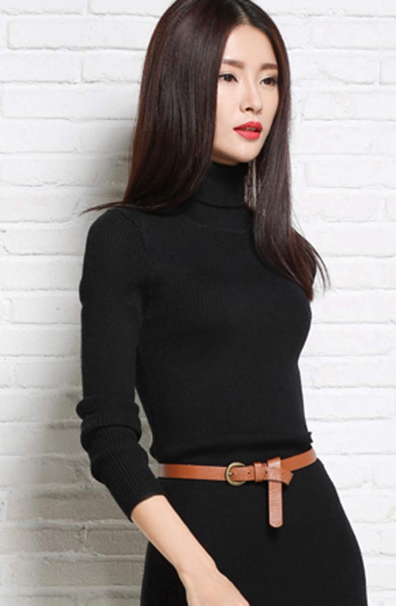 Dresses Women\'s Maxi Dress Turtleneck Cashmere ankle length dress Long Sleeve Slim Fit Stretchable Elasticity (One Size, 1325 Black)